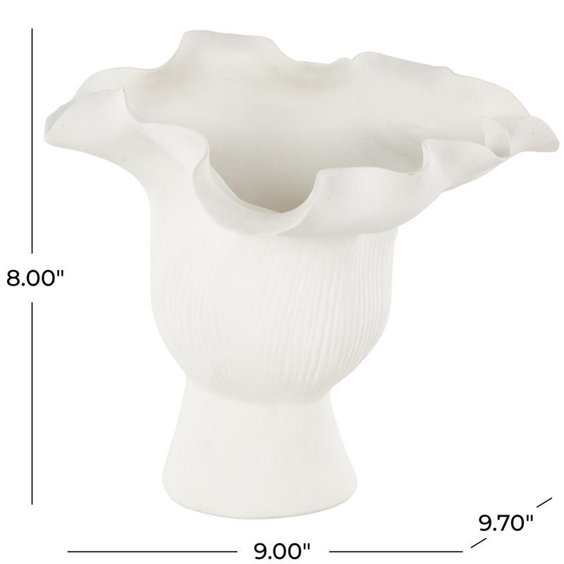 Joss & Main Ceramic Floral Inspired Abstract Vase With Linear Grooves, White
