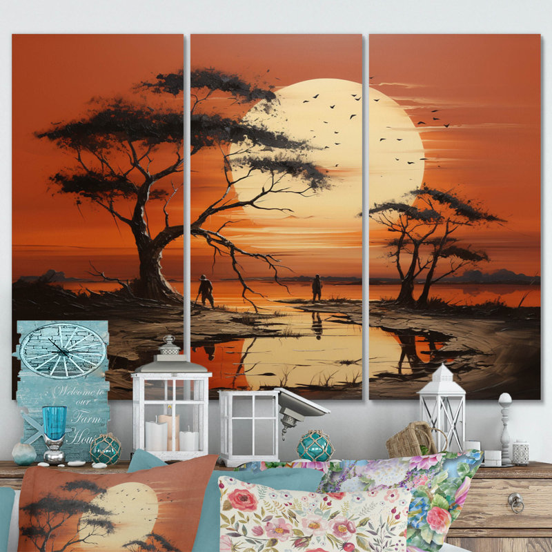 Coucher de soleil africain I, reproduction sur toile 3 pièces, H 40 po x l 60 po x P 1 po