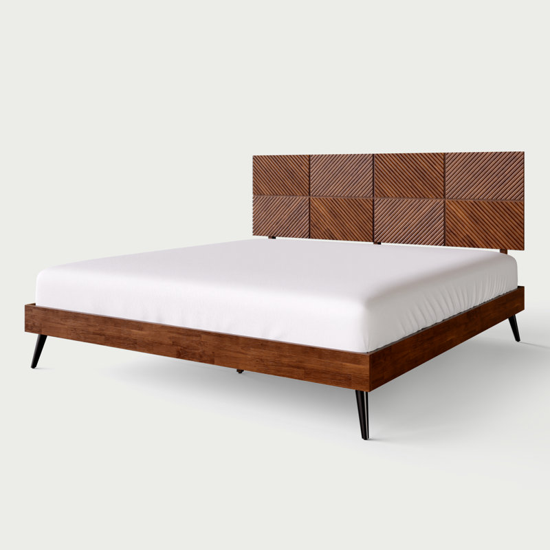 Rhombus Solid Rubber Wood King Platform Bed Frame with Geometric Headboard & Tapered Legs – Walnut, Walnut, King