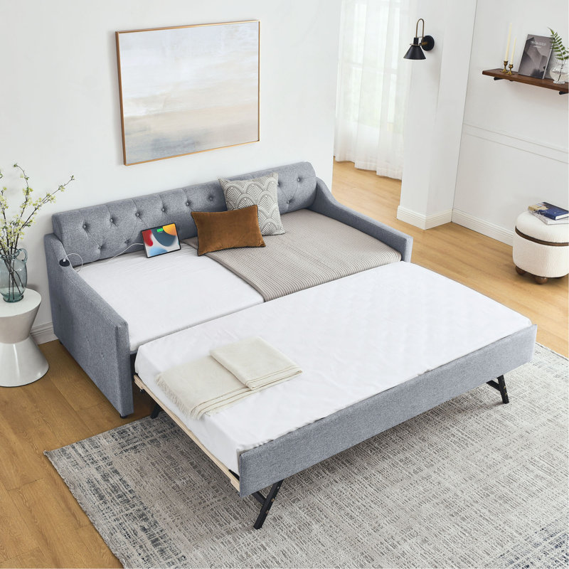 Lit de jour simple rembourré avec lit gigogne simple et charge USB, gris lin