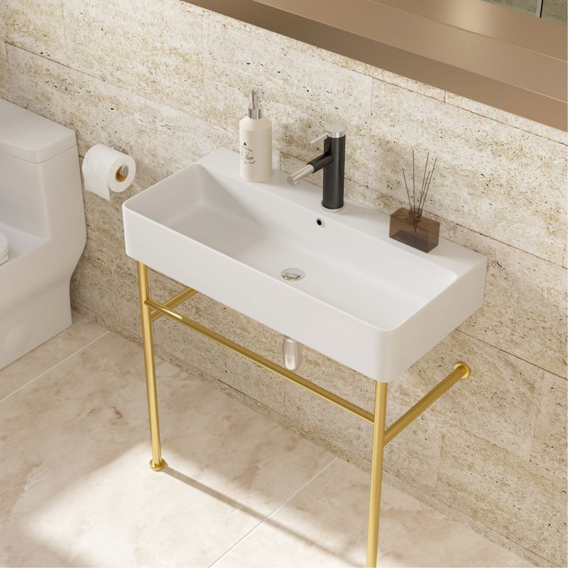 Lavabo de console de salle de bain 31,5 "avec trop-plein, console en céramique cuve blanche avec pieds dorés