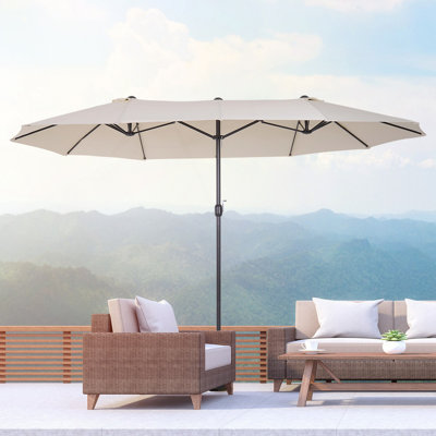 Très grand parasol de patio à double face de 15 pi avec poignée à manivelle et bouches d'aération pour la cour, la terrasse, la piscine, le marché et le vin rouge