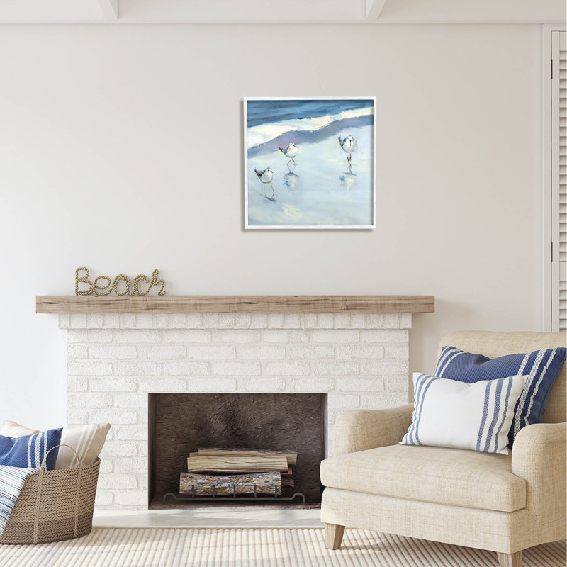 Au-450-Giclée bleue abstraite Sandpipers Peinture, H 24 po x l 24 po x P 1,5 po, Giclée encadrée blanc bord de mer