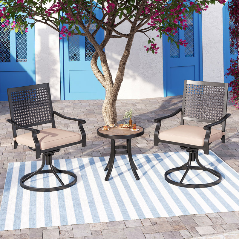 Ensemble repas d'extérieur 3 pièces Leonard avec 2 chaises pivotantes en acier, coussins et 1 table bistro pour l'extérieur