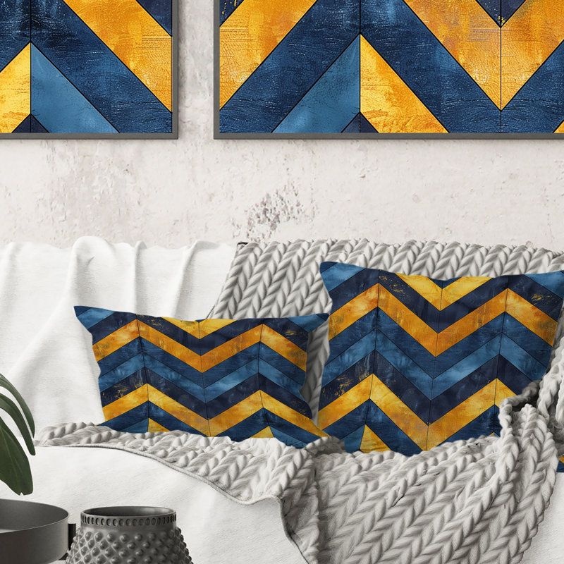 Motif à chevrons bleu et or III - Modern, H 16 po x l 16 po