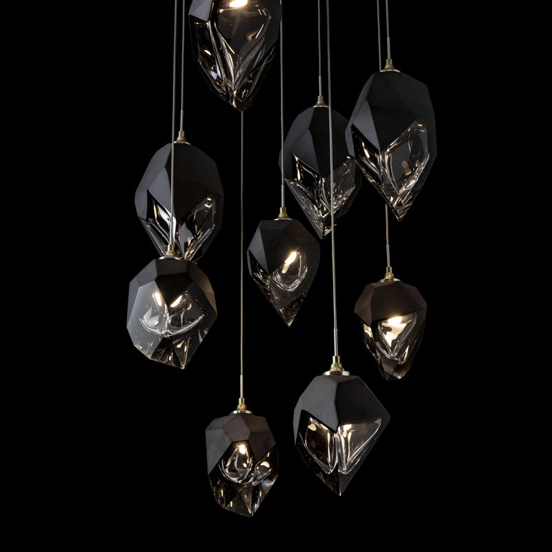 Chrysalis 9 - Light Cluster Geometric Pendant, Black Polished Crystal, Modern Brass, 15" - 80"