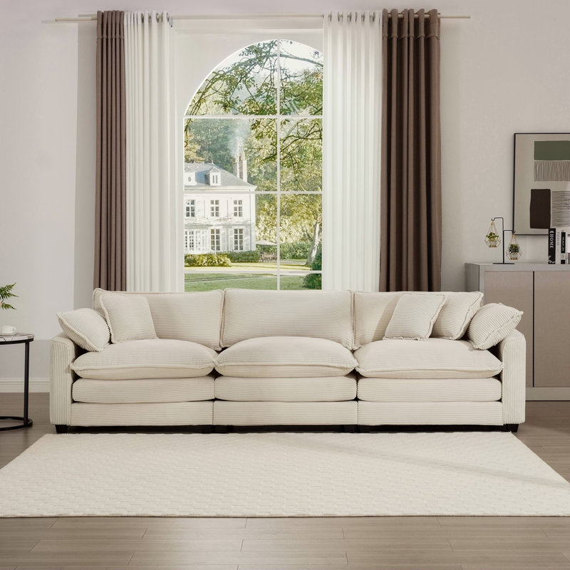 Canapé modulaire Mid-Century 3 places avec 2 accoudoirs et 3 coussins décoratifs, tissu velours côtelé beige clair, Beige