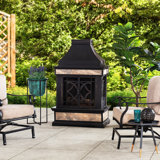Sunjoy Sofie Outdoor Fireplace, Heirloom Patio Wood Burning Steel Fireplace with Chimney, Spark Screen, Fire Poker, and Removable Grate