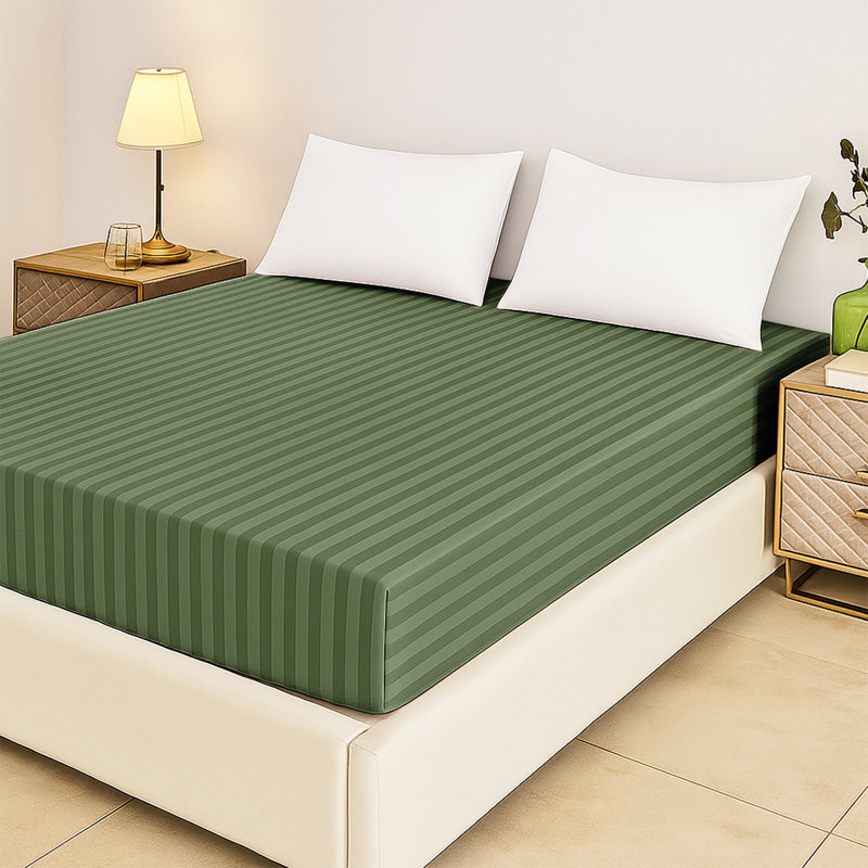 Tabbitha Striped Microfiber Standard Fitted Sheet, Double (4'6), Olive Green