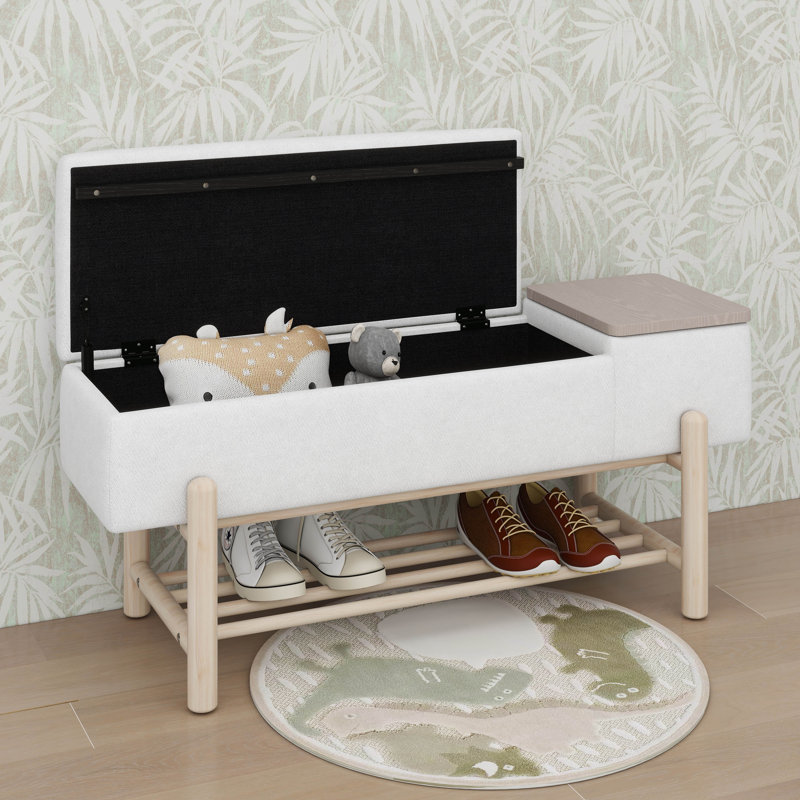 Banc rembourré avec range-chaussures, banc de rangement avec pieds en bois d'hévéa, banc d'entrée avec compartiment caché