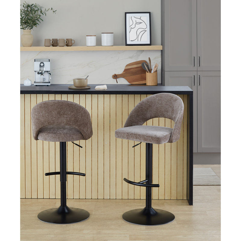 Tabouret de bar réglable Resme avec repose-pieds en T arrondi (ensemble de 2), Noir, Brun / tissu