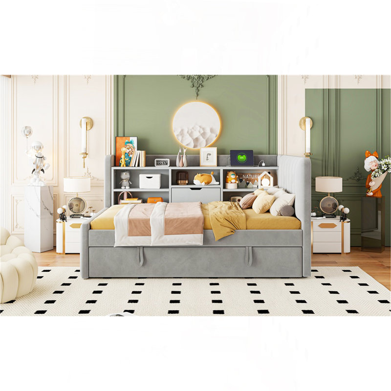 Twin Size Upholstered Daybed With Trundle, Storage Shelves, USB & Outlet (Gray), Gray