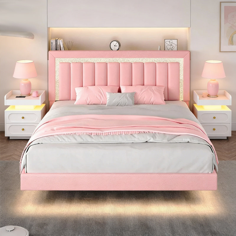 Ensemble de chambre à coucher 3 pièces Smart Bed, Rose/Blanc, Très grand lit