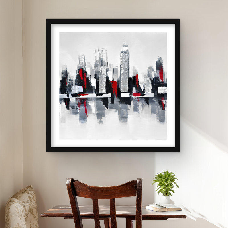 Paysage urbain gris et rouge - reproduction matte encadrée pour la décoration intérieure, H 24 po x l 24 po, Noir