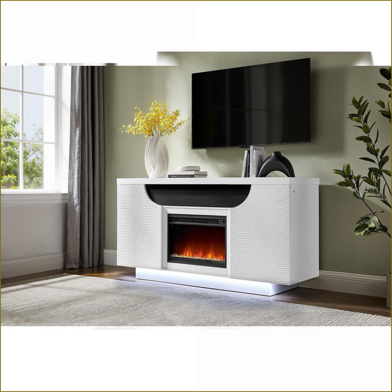 Electric Fireplace 66” Modern Ivory | Freestanding | Solid Wood+MDF