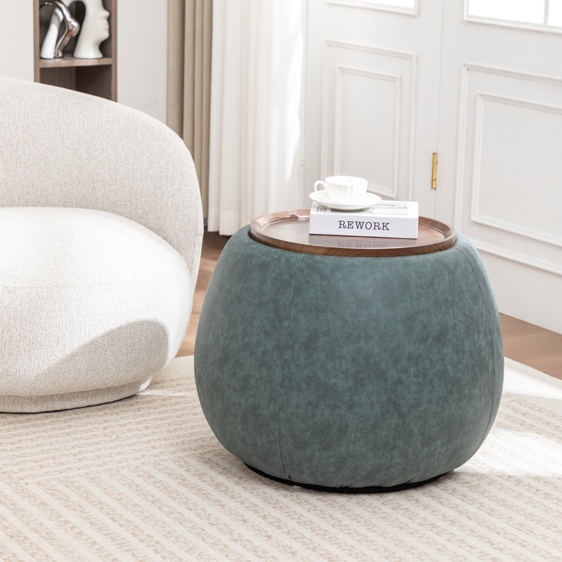 Pietsch Upholstered Round Storage Ottoman With Wooden Tray, Vintage Blue