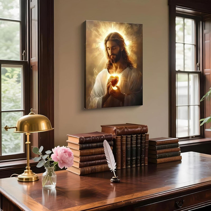 Framed Sacred Heart Of Jesus Canvas Wall Art – Divine Mercy Picture, Jesus Christ Portrait Poster Print, Christian Religious Artwork For Living Room, Bedroom, Prayer Room – Ready To Hang