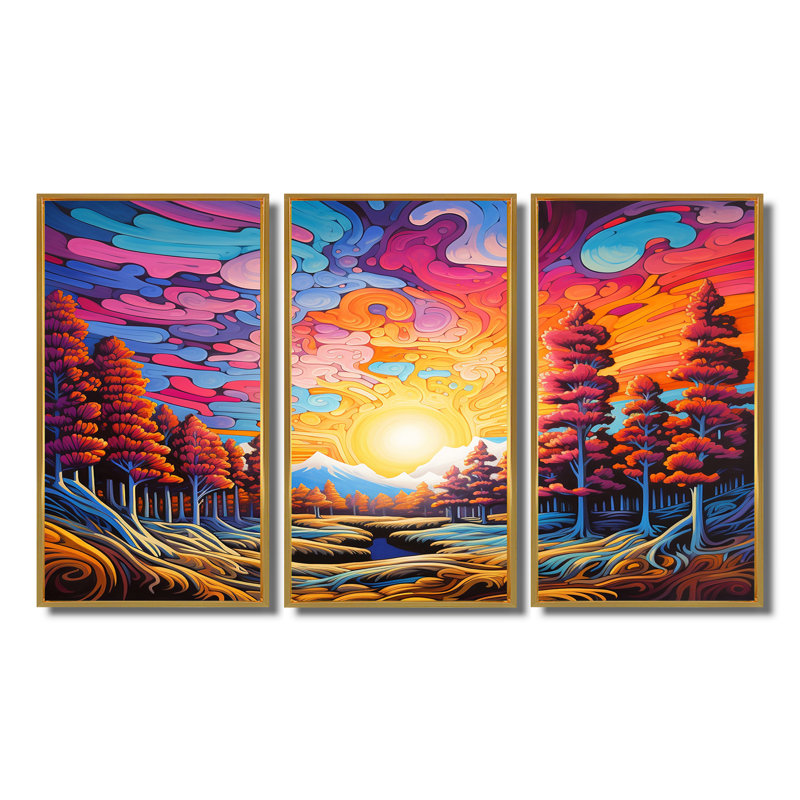 Ensemble de salon majestueux rose jaune coucher de soleil automne forêt - art mural forêt, Cadre flottant doré