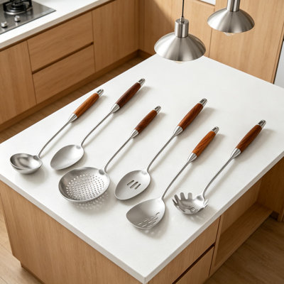 Ensemble d'ustensiles de cuisine 6 pièces en acier inoxydable avec poignée en bois résistant à la chaleur Professional