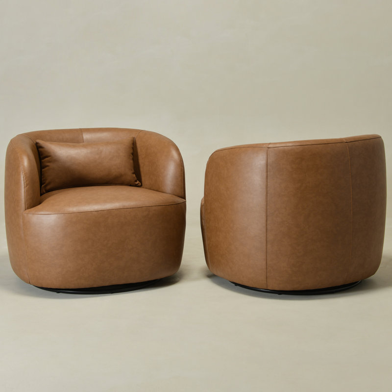 Bruschi 34" Wide Modern Faux Leather Upholstered Swivel Armchair (Set Of 2), Camel