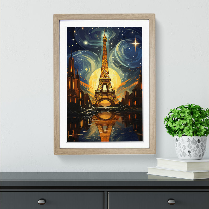 Eiffel Tower Art Deco - Single Picture Frame Print on Wood, Oak, 46" H x 34" W x 2" D