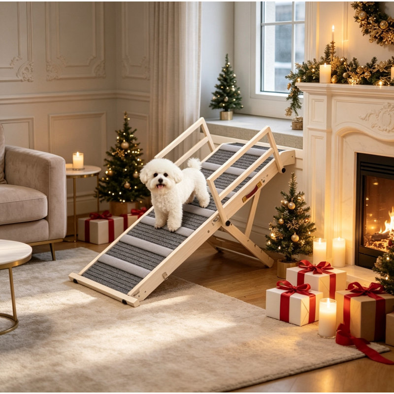 Adjustable Folding Wooden Dog Ramp with Side Rails & Non-Slip Mat for Pets