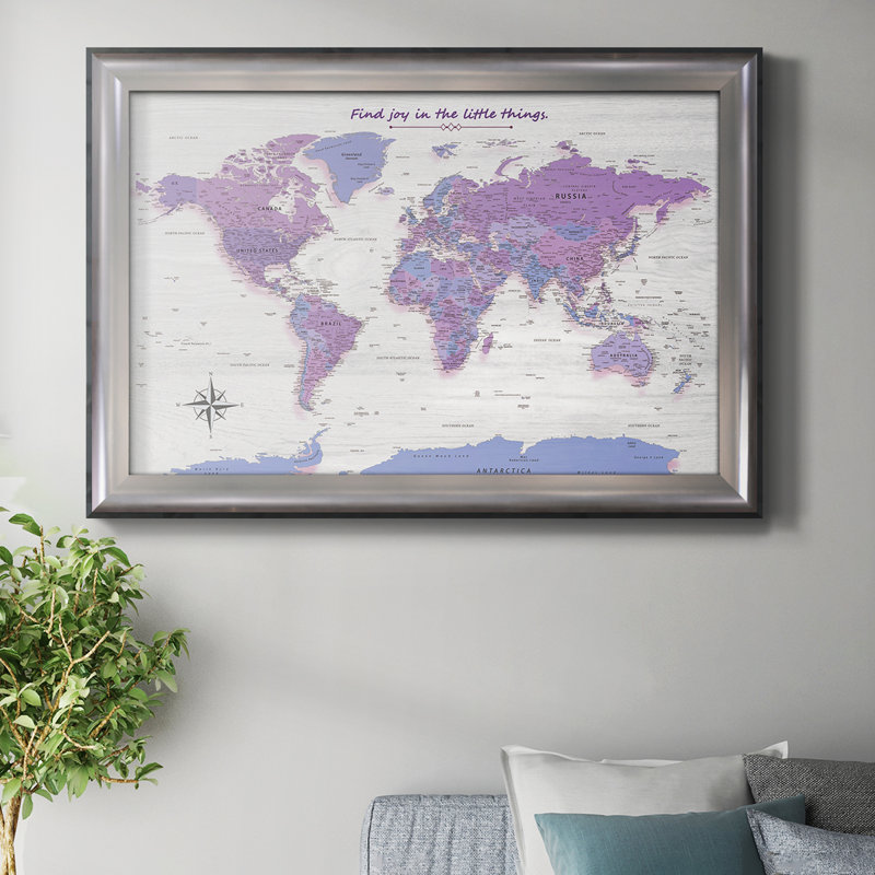 Carte du monde à punaises - Carte du monde violette pastel encadrée sur toile, 26 x 40 - Taille intérieure, Argent métal