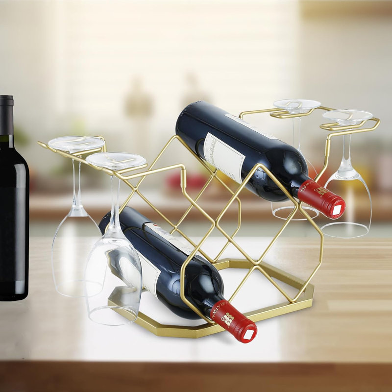 Tabletop Wine Bottle Rack With Glass Shelf
