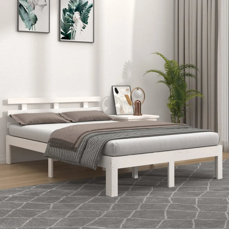 Bed Frame Solid Wood, White, Kingsize (5')