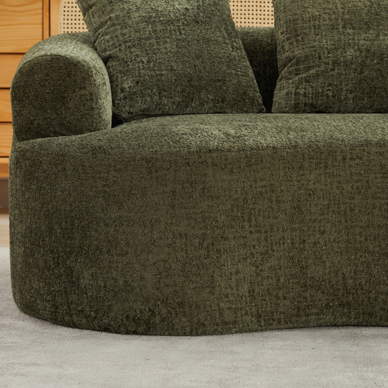 Fauteuil incurvé Olive, petit modèle en chenille avec 3 coussins, mousse à mémoire de forme, aucun assemblage requis, sans animaux, poids maximal supporté : 136 kg, assise profonde idéale pour les petits espaces, assemblage nécessaire, matériau confortable en mousse pour un confort optimal.