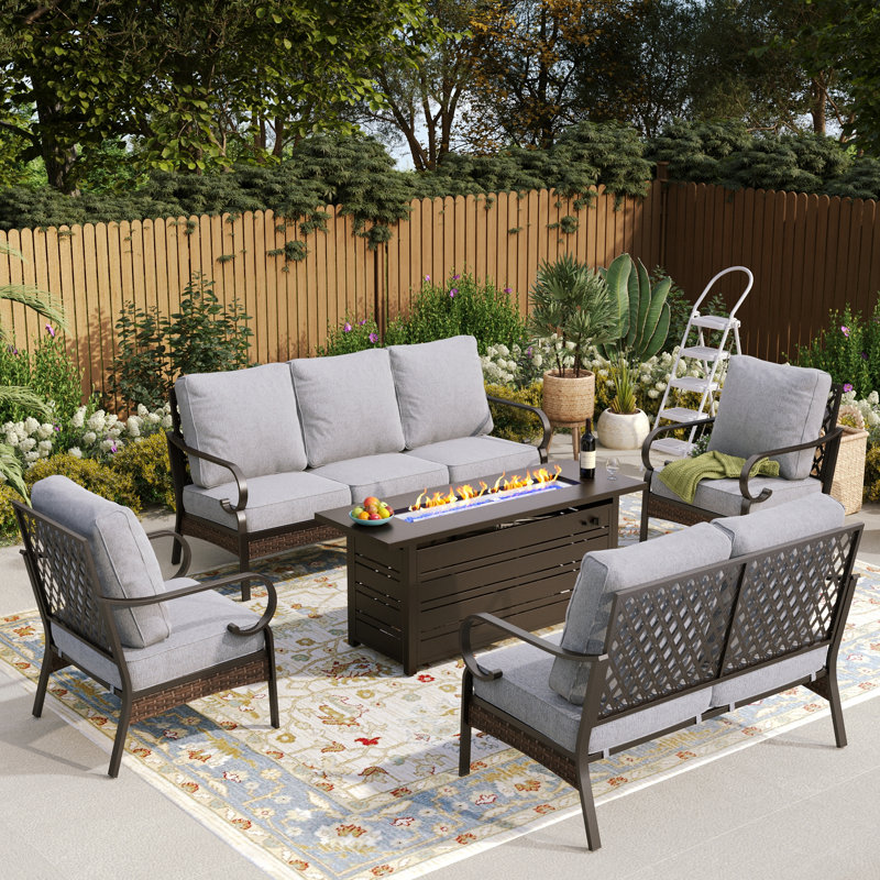7 - Person Outdoor Furniture Sets With Fire Pit Table, Black/Gray/Black