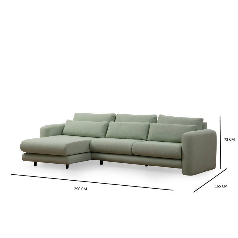 Stylish Corner Sofa, Green Fabric Upholstery, 114.2 x 64.9 x 28.7 inches | Durable Beech Wood & Chipboard Frame | 100% Polyester, 28 DNS Soft Foam Back Cushion, Portable Design, Dry-Cleanable Fabric | Perfect for Modern Living Spaces