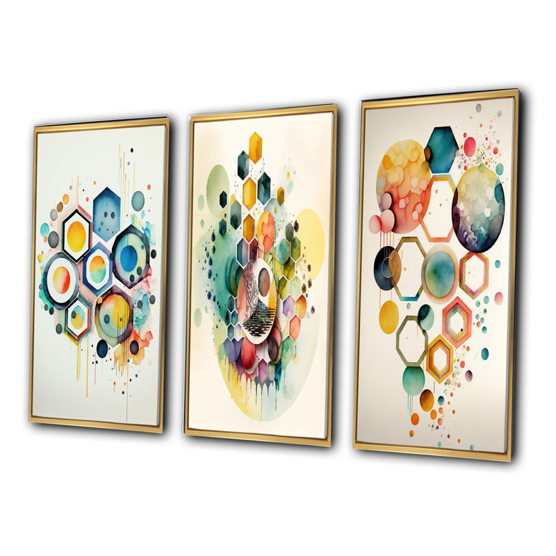 «Hexagon and Circular Abstract», ensemble de 3 reproductions, Cadre flottant doré, H 20 po x l 36 po