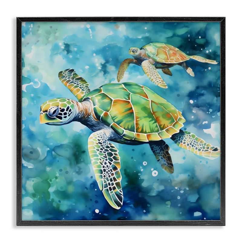 Deux tortues nageant, estampe numérique, design par LSR Creative Studio, Giclée encadrée noir minuit, H 12 po x l 12 po