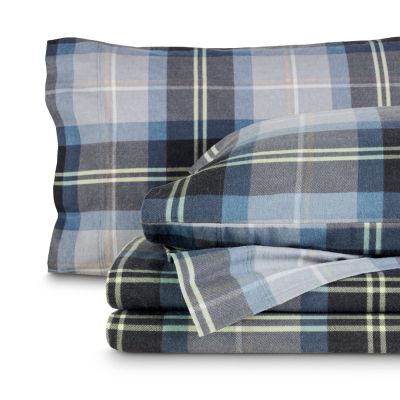 100% Cotton Flannel Sheet Set, Twin XL Sheet Set with 1 Pillowcase, Blue Symphony Plaid