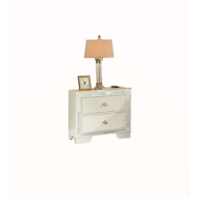 Classic Luxury Look Cream 1Pc Nightstand Wooden Bedside Table 2X Drawers W Mirror Glass Panel Bedroom Furniture