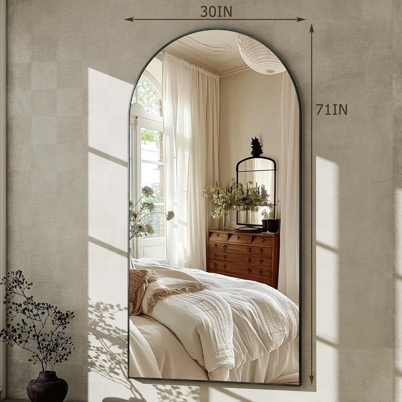 Miroir mural arqué pleine longueur avec cadre en alliage d'aluminium - Miroir de plancher haute définition pour la chambre à coucher ou le salon - Verre incassable - Conception sans cadre moderne