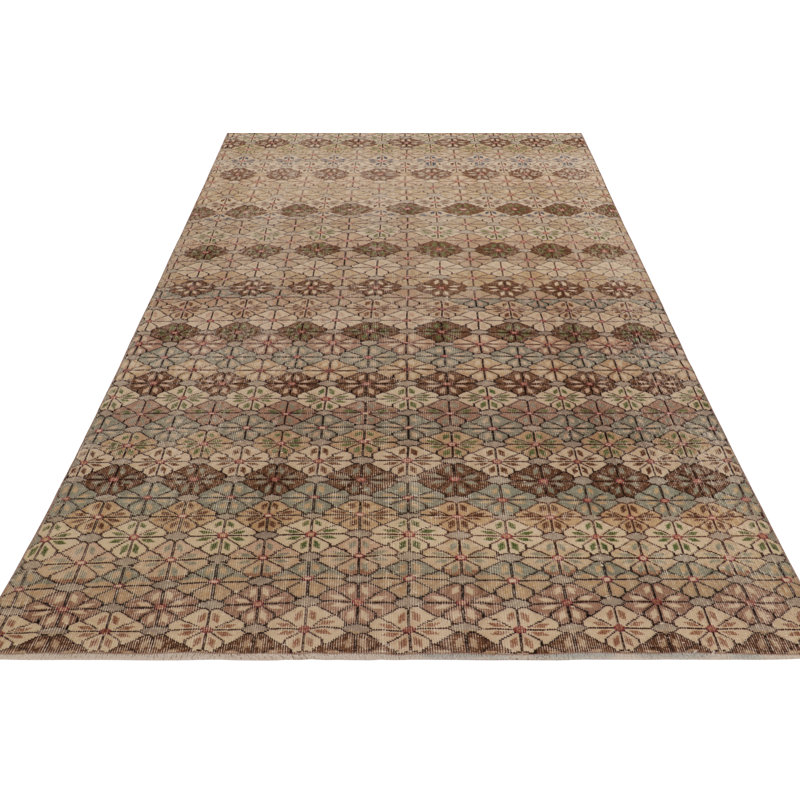 Vintage Turkish Rug, Beige-Brown And Blue Geometric Floral Pattern - Rug & Kilim