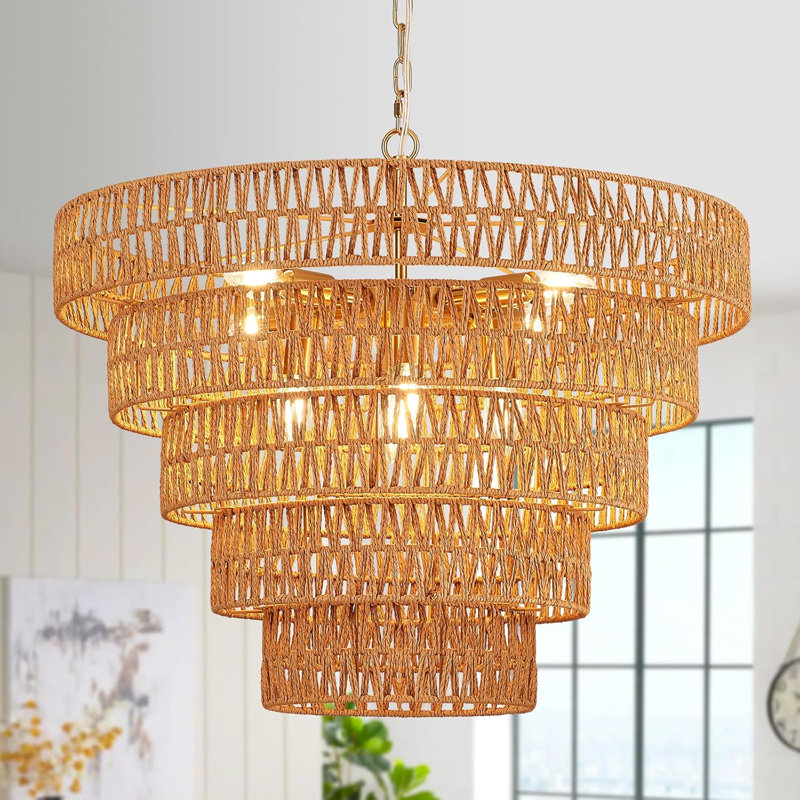 Lustre en rotin tissé à la main avec 8 lumières, style bohème campagnard rétro, hauteur réglable, base E12, parfait pour la salle à manger, la cuisine, la chambre à coucher