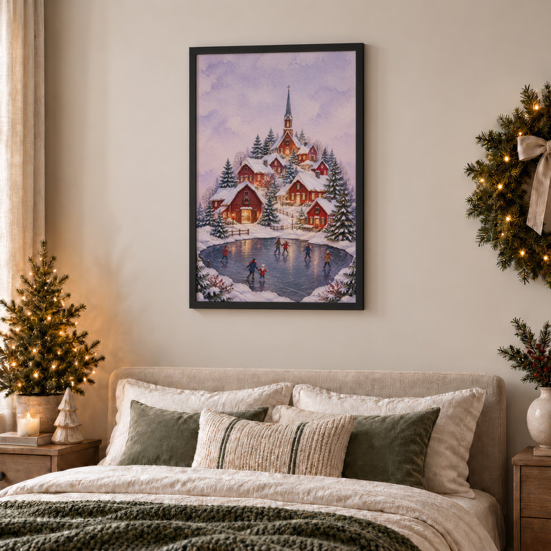 «Snowy Village» avec des maisons rouges sur toile, 36"H x 24"W