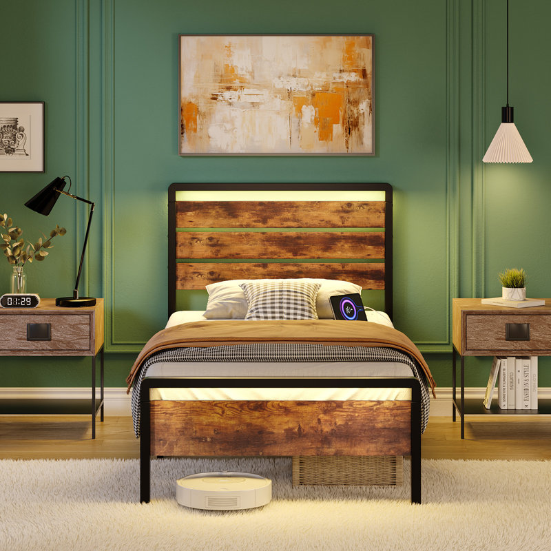 Twin Size Brown Bed Frame With Led Light And Charging Station, Metal Platform Bed With Wood Headboard, Twin, Brown