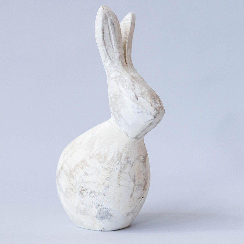 Washed White Carved Wooden Bunny Figurine