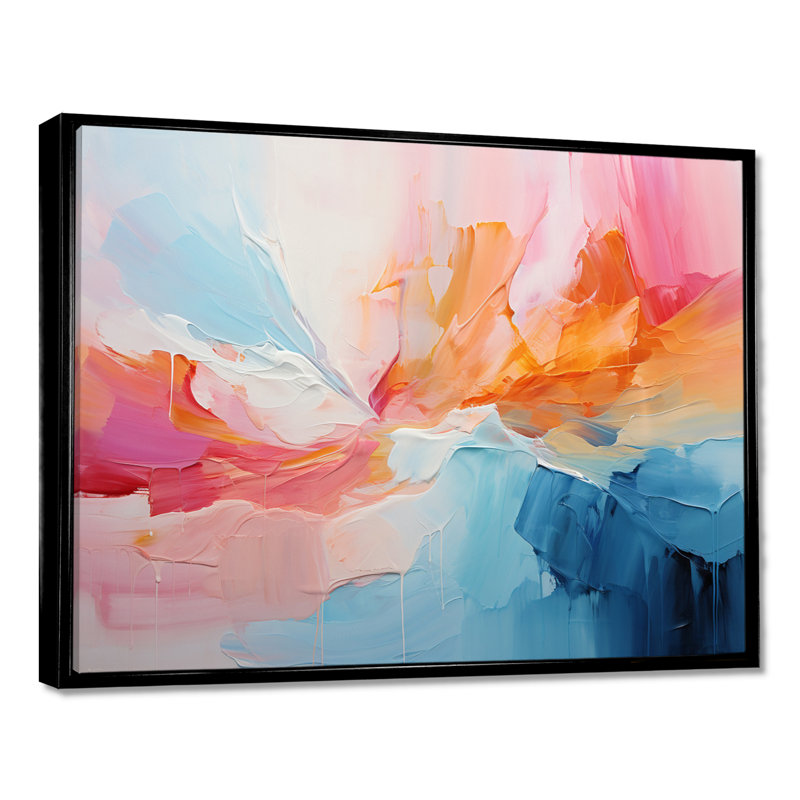 «Pink Bliss Sunset Celebration», art mural abstrait, H 12 po x l 20 po x P 1 po, Toile avec cadre flottant noir