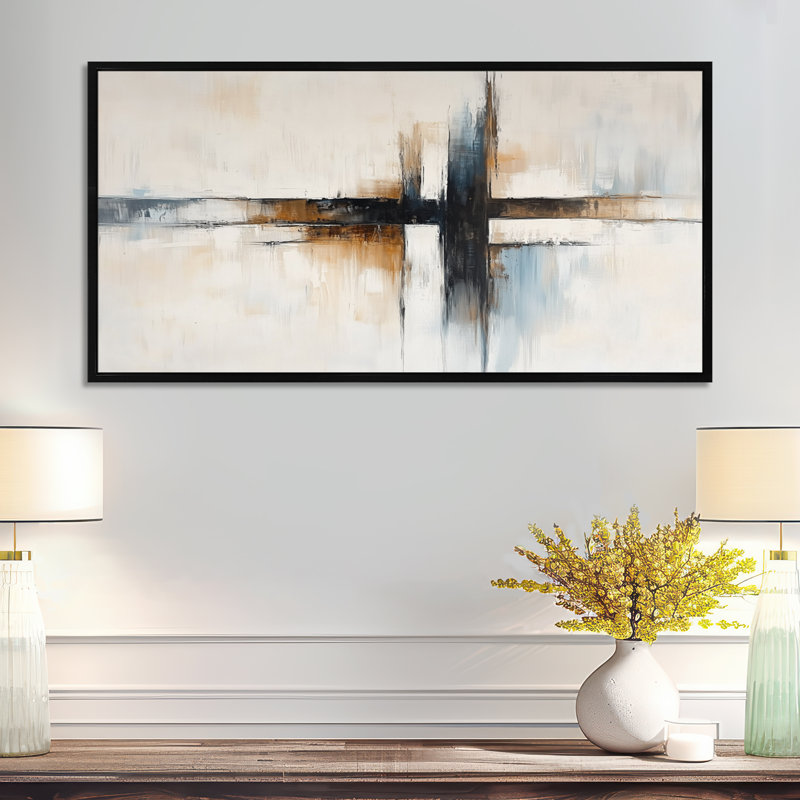 Gris, noir, spirituel, croix géométrique, flux II - impressions sur toile modernes, art abstrait encadré, H 12 po x l 20 po