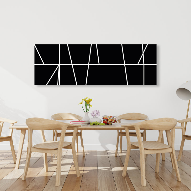 Rayures blanches sur fond noir | Formes décoratives sur toile blanche, H 20 po x l 60 po