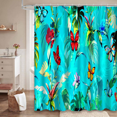 Wide Seamless Floral Wild Butterfly Blue Shower Curtain with 12 Hooks