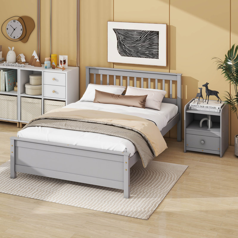Lit avec tête et pied de lit, table de chevet incluse, gris, Double