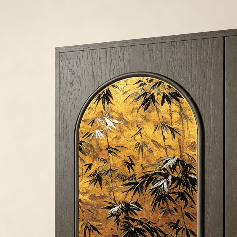 Bamboo Crane Pattern Solid Wood Storage Cabinet