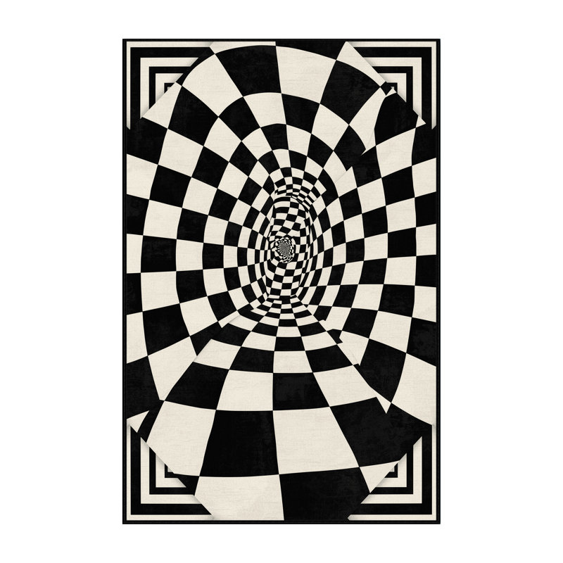 Machine Washable Pahola Art Deco Checkered Rug in Blue – Black Binding, 6x9
