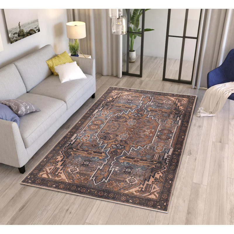 Tapis décoratif brun à motif tissé rétro, Rectangle 3 pi 10 po x 5 pi 3 po